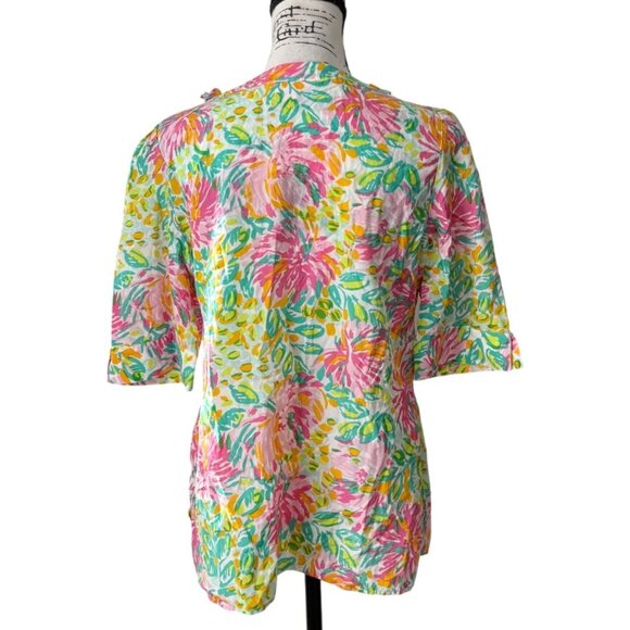 Lilly Pulitzer Silk Blouse Floral Ruffle Neck Short Sleeve Green Pink Top Size L - Picture 3 of 8